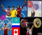 Женщин-подиум 63 кг по тяжелой атлетике, Майя Maneza (Казахстан), Светлана Tsarukayeva (Россия) и Кристин Жирар (Канада) - Лондон 2012-